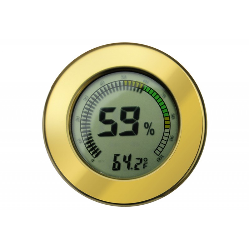 Gold Bezel Multi-Colored Gauge Round Hygrometer w/ Calibration Feature - Includes Battery