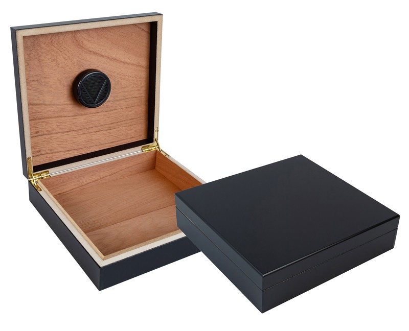 Two portable humidors in black finish one is closed the other one is open showing the humidifier