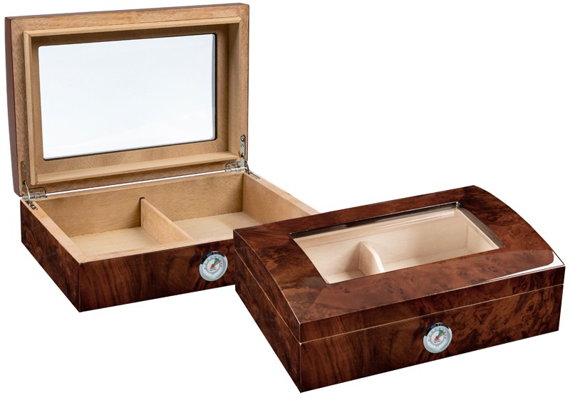 Two humidors with high gloss walnut burl wood finish and dome-shaped lid decked with beveled glass and external silver hygrometer 