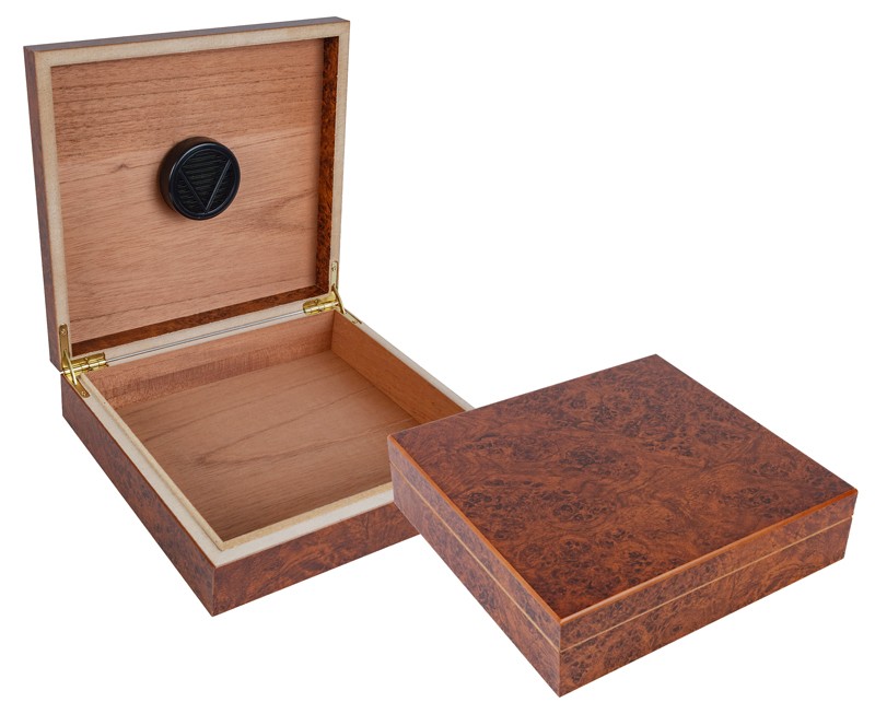 Two portable humidors in burl finish one is closed the other one is open showing the humidifier