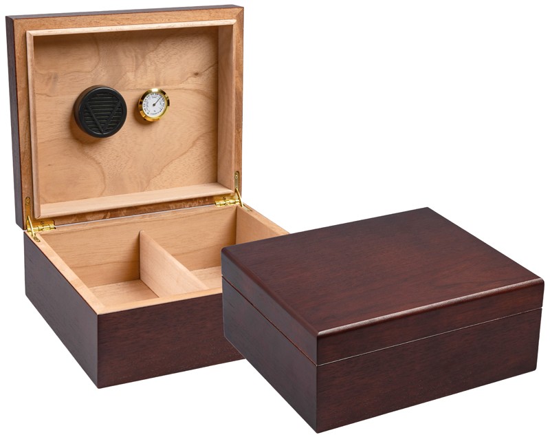 Two small humidors with dark walnut exterior, one is open showing the humidifier, hygrometer and adjustable divider, the other one is closed