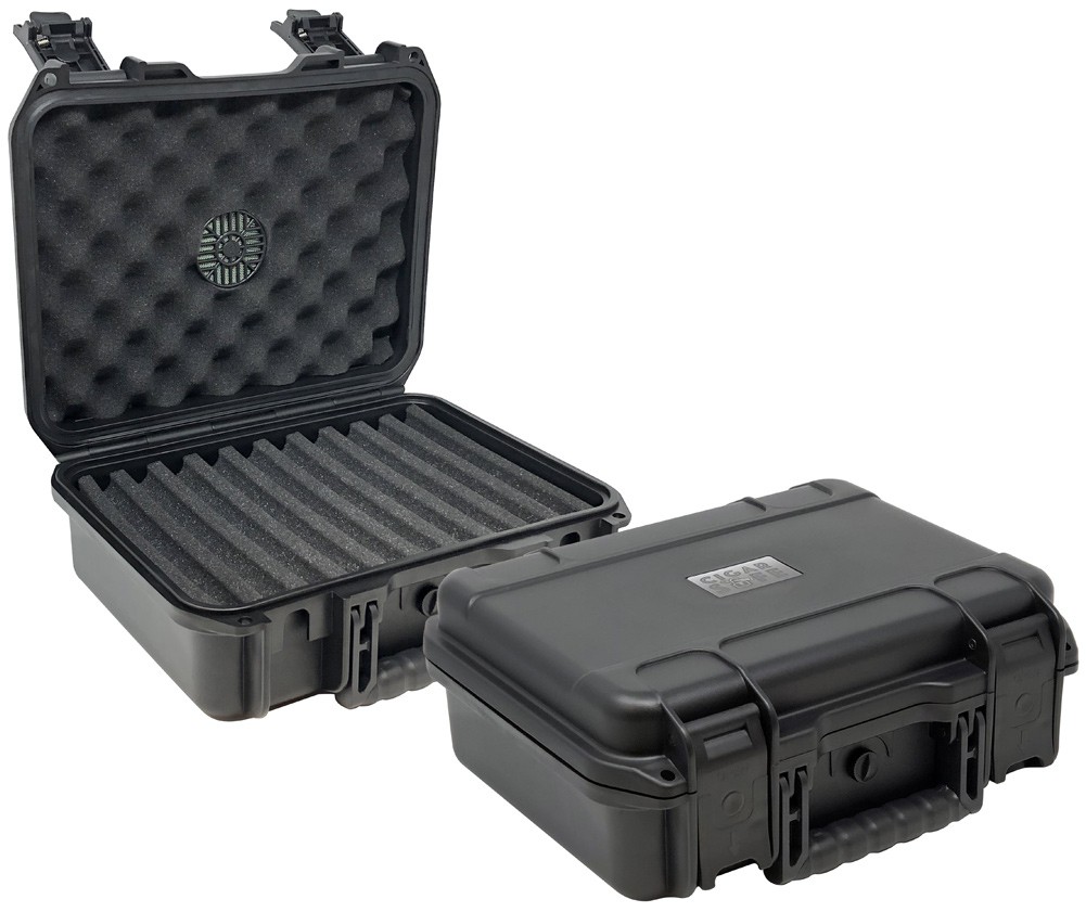 Two travel cigar humidors with four foam beds for ten cigars each, hard ABS exterior, carrying handle and snap-tight locking clips