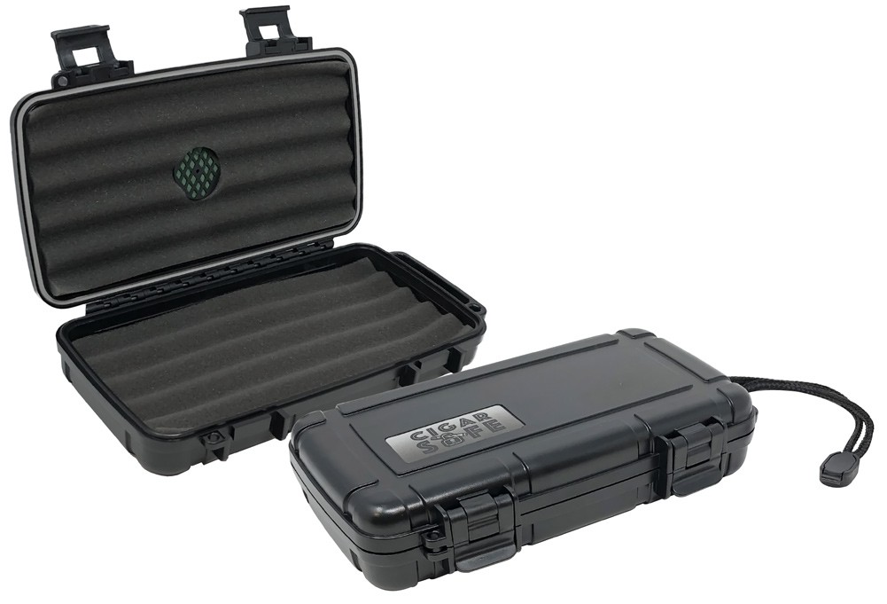 Two travel cigar humidors with bed for five cigars, hard ABS exterior, carrying handle and snap-tight locking clips